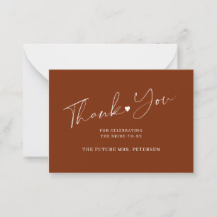 Budget bridal shower script rust brown thank you card