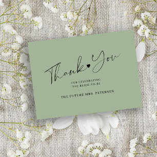 Budget bridal shower script sage green thank you card