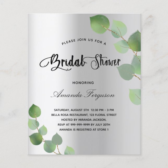 Budget bridal shower silver eucalyptus invitation (Front)
