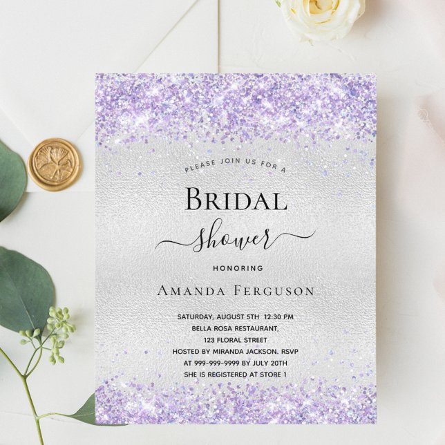 Budget bridal shower silver violet invitation (Creator Uploaded)