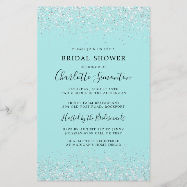 Budget Bridal Shower Siver Teal Invite (Front)