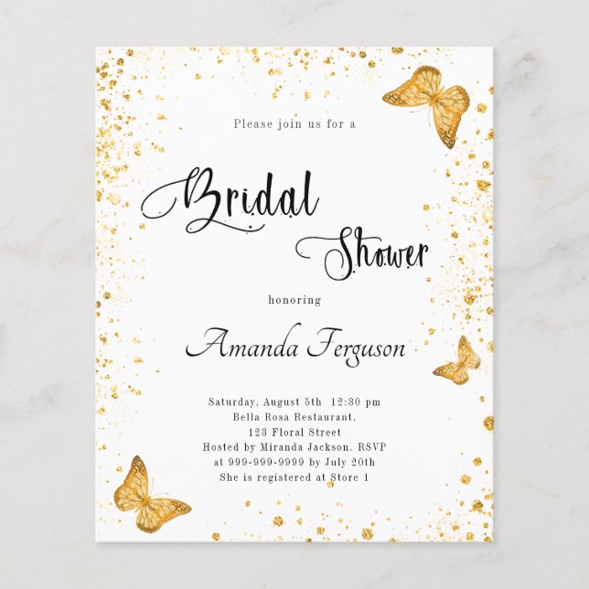 Budget Bridal Shower white gold butterfly invite (Front)