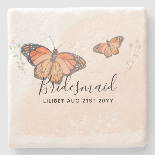 BUDGET Bridesmaid Bridal Party Gifts BUTTERFLIES Stone Coaster (Front)