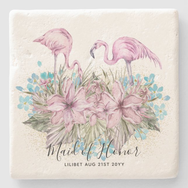 BUDGET Bridesmaid Bridal Party Gifts FLAMINGOS Stone Coaster (Front)