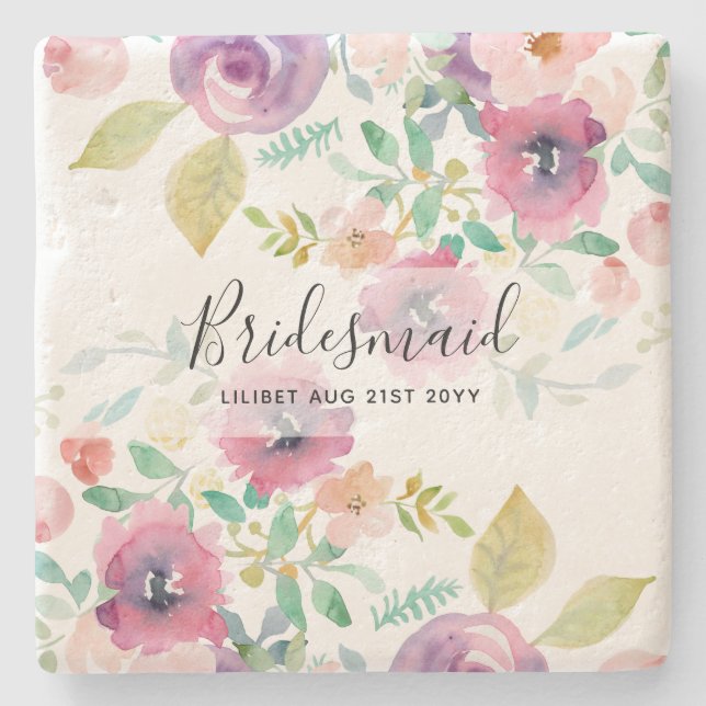 BUDGET Bridesmaid Bridal Party Gifts Pink Floral Stone Coaster (Front)