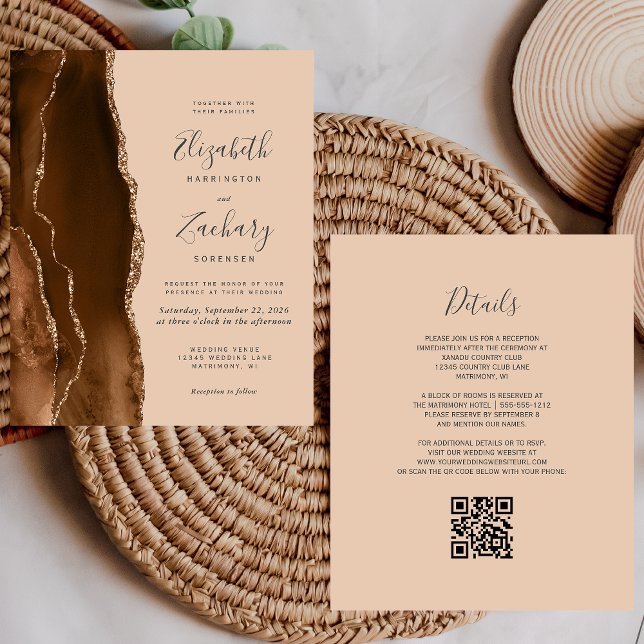 Budget Brown Gold Agate Tan QR Code Wedding Invite (Creator Uploaded)