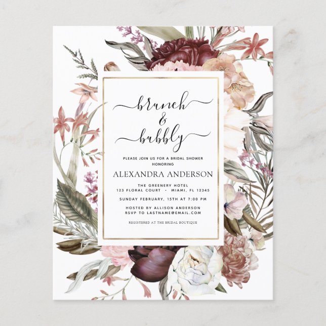 Budget Brunch & Bubbly Boho Burgundy Bridal Shower Flyer (Front)