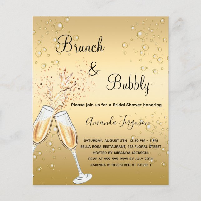 Budget Brunch Bubbly Bridal Shower gold invitation (Front)