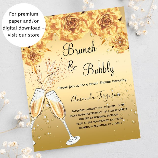 Budget Brunch Bubbly Bridal Shower gold invitation (Creator Uploaded)