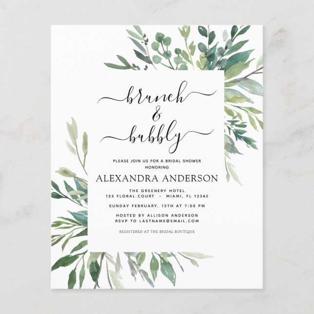 Budget Brunch & Bubbly Bridal Shower Greenery Flyer (Front)