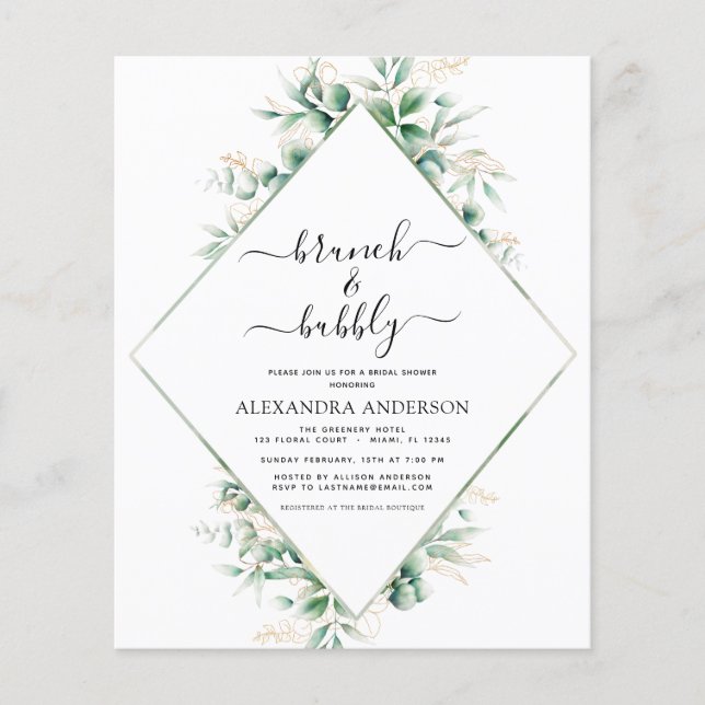 Budget Brunch & Bubbly Bridal Shower Greenery Flyer (Front)