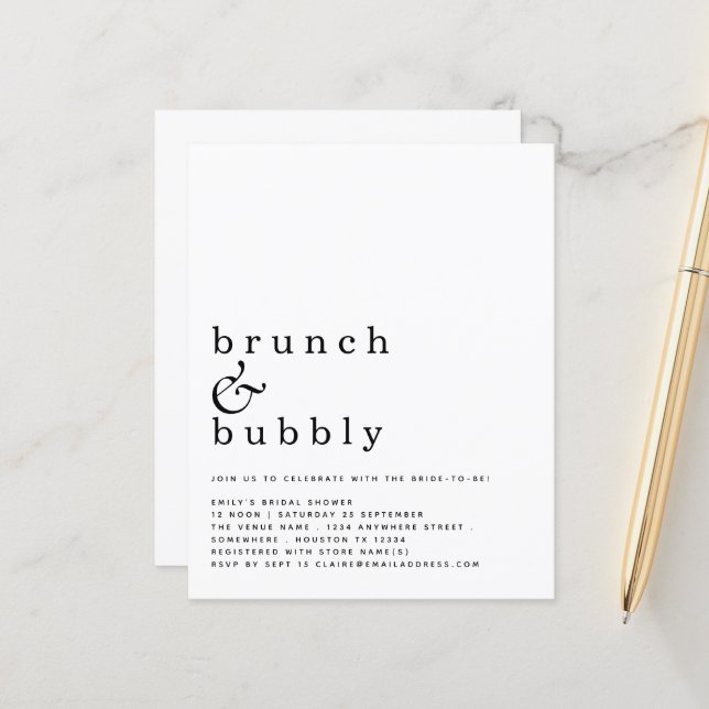 Budget Brunch Bubbly Simple Bridal Shower Invite (Front/Back In Situ)