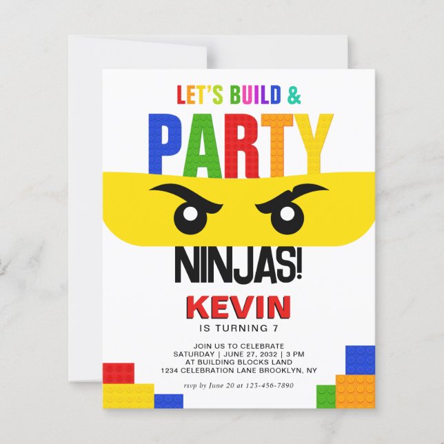 Budget Building Blocks Ninja Birthday Invitation (Front)
