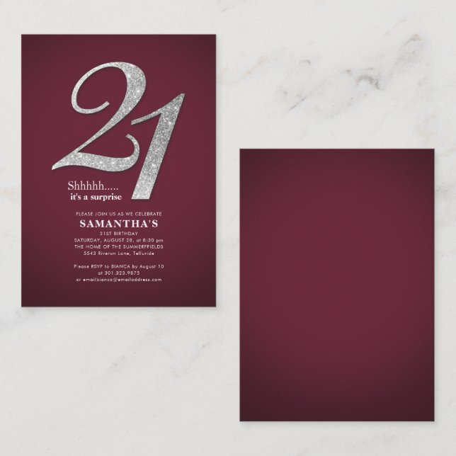 Budget Burgundy 21st Birthday Modern Glitter Card (Front/Back)
