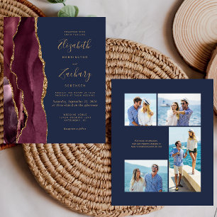 Budget Burgundy Agate Navy 4-Photo Wedding Invite