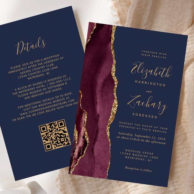 Budget Burgundy Agate Navy Blue QR Code Wedding (Creator Uploaded)