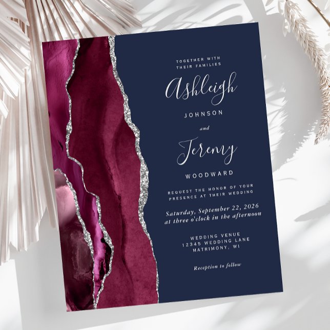 Budget Burgundy Agate Silver Navy Wedding Invite (Creator Uploaded)