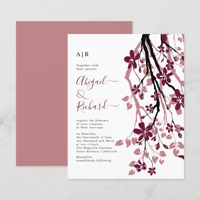 BUDGET Burgundy and dusty rose wedding invitation (Front/Back)