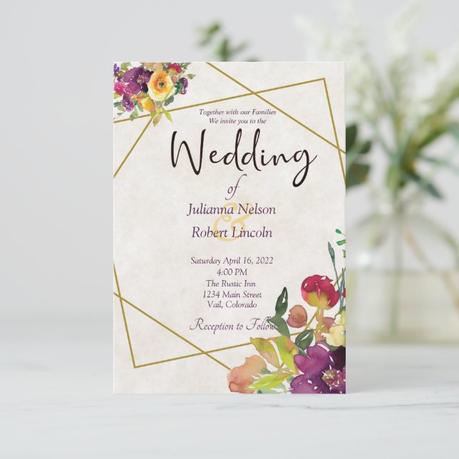Budget Burgundy and yellow floral wedding  Invitation (Standing Front)
