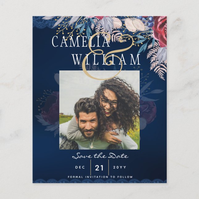 Budget Burgundy Blue Floral Lace Wedding SAVE DATE Flyer (Front)