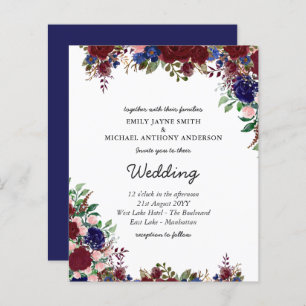 Budget Burgundy Blue Floral Wedding Invites