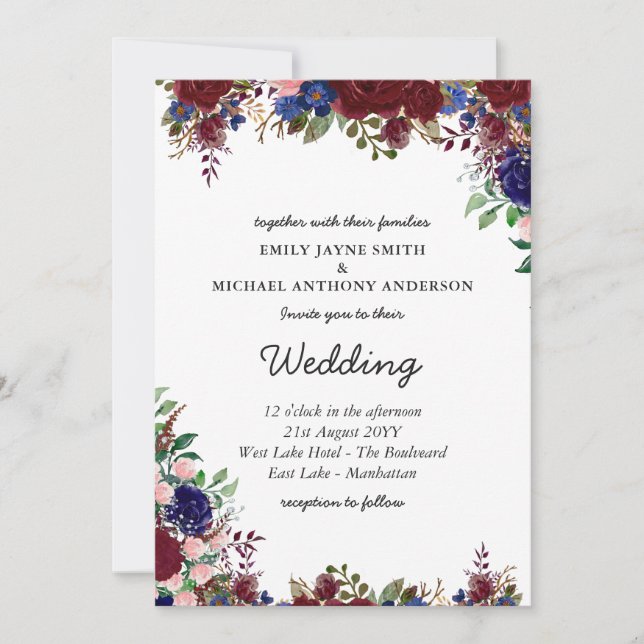 Budget Burgundy Blue Floral Wedding Invites (Front)