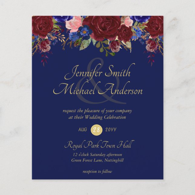 Budget Burgundy Blue Gold Wedding Invitations (Front)