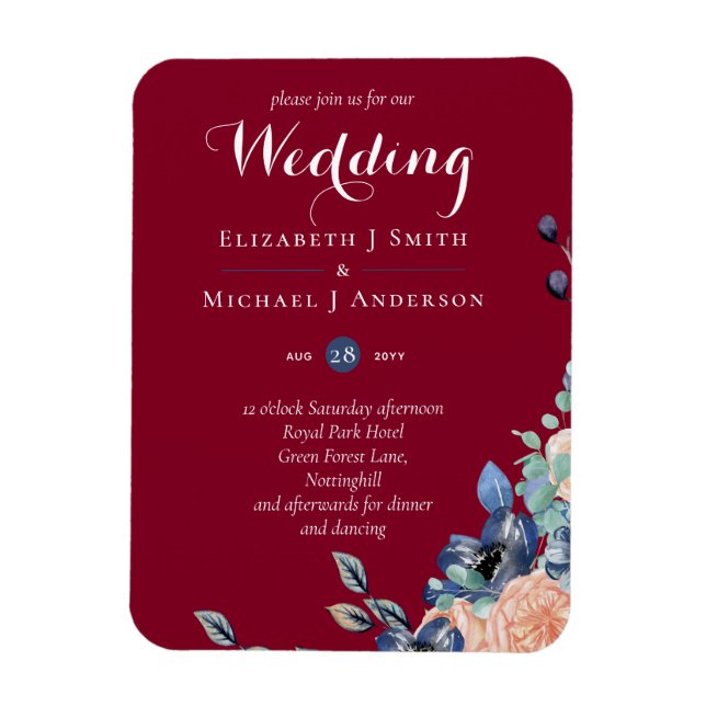 Budget Burgundy Blue Peach Floral Wedding Magnet (Vertical)