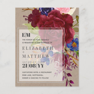 Budget Burgundy Blue Rose Floral Wedding Invites
