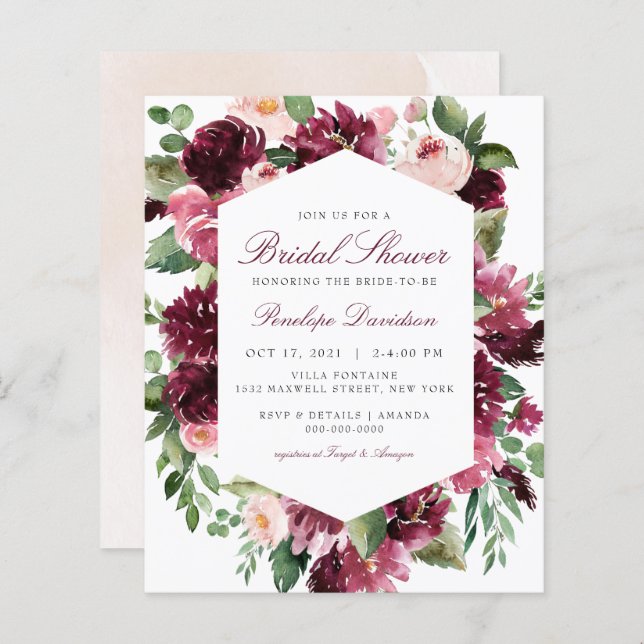 Budget Burgundy Blush Floral Bridal Shower Invite (Front/Back)