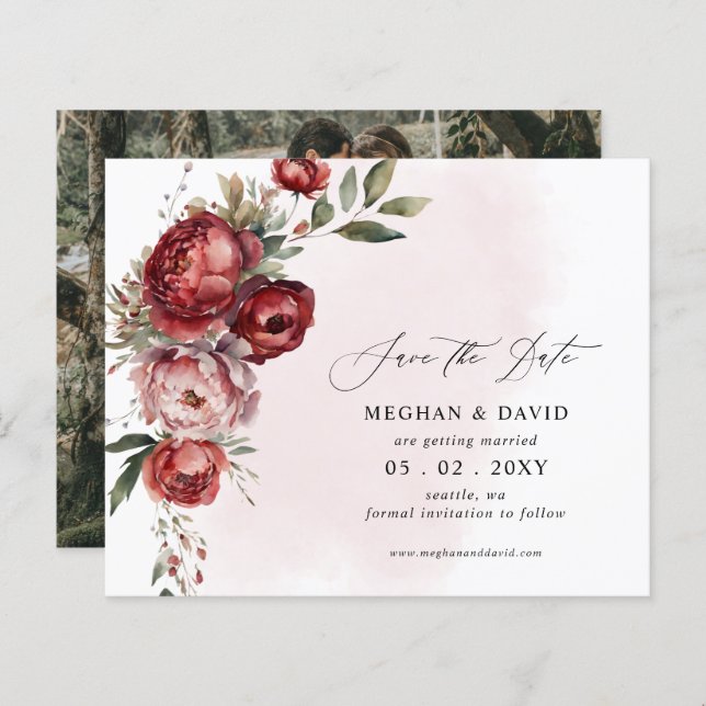 Budget Burgundy Blush Floral Photo Save the Date (Front/Back)