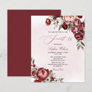 Budget Burgundy Blush Floral Sweet 16 Invitation