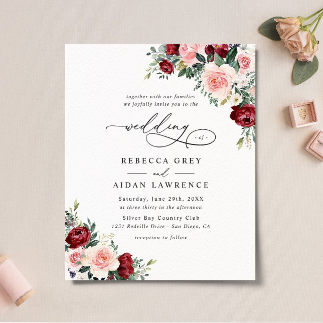 Budget Burgundy Blush Floral Wedding Invitation (Creator Uploaded)