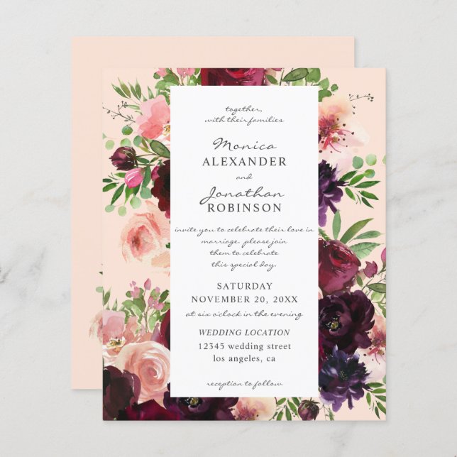 Budget Burgundy & Blush Floral Wedding on Pink (Front/Back)