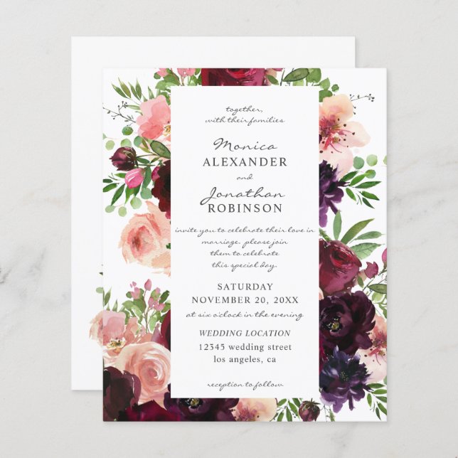 Budget Burgundy & Blush Floral Wedding on White (Front/Back)
