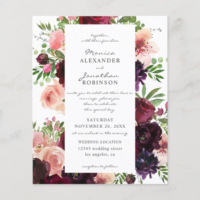 Budget Burgundy & Blush Floral Wedding on White Flyer (Front)