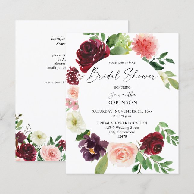 Budget Burgundy Blush Pink 4 Floral Bridal Shower (Front/Back)