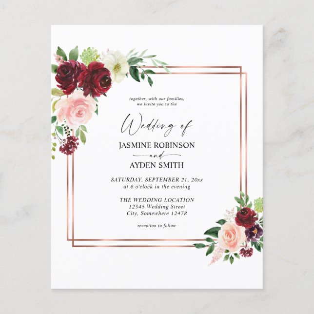 Budget Burgundy & Blush Pink 4 Floral Gold Wedding Flyer (Front)