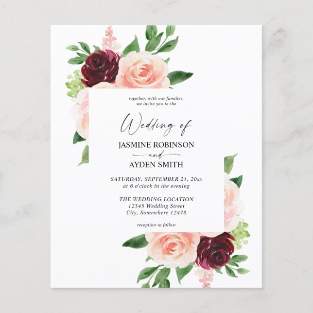 Budget Burgundy & Blush Pink 4 Floral Wedding Flyer (Front)