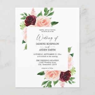 Budget Burgundy & Blush Pink 4 Floral Wedding Flyer