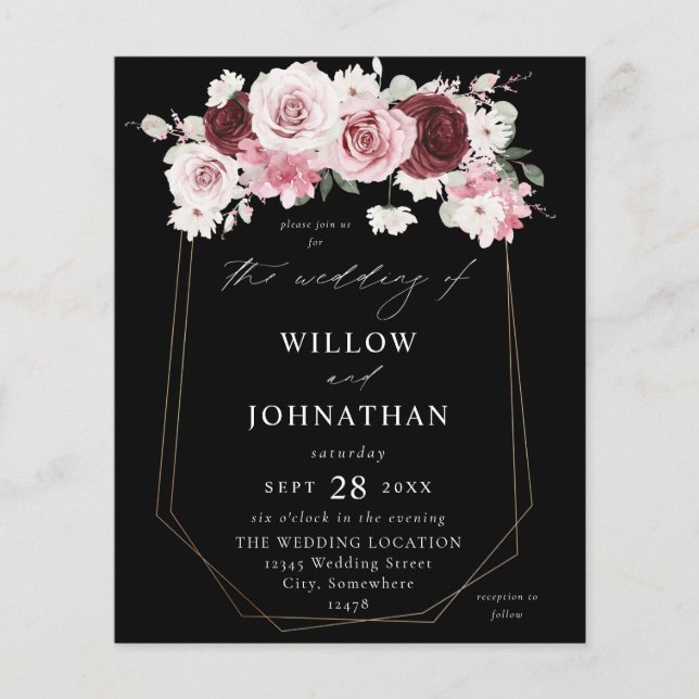 Budget Burgundy & Blush Pink 6Ele Floral Wedding B Flyer (Front)