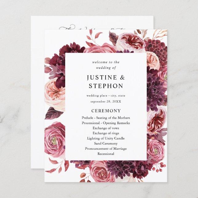 Budget Burgundy & Blush Pink 8B Wedding Ceremony  (Front/Back)