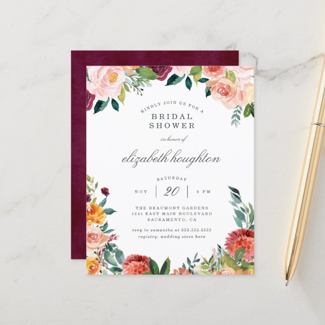 Budget Burgundy Blush Pink Floral Bridal Shower (Front/Back In Situ)