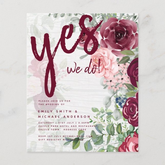 BUDGET Burgundy Blush Pink Floral Wedding INVITE Flyer (Front)