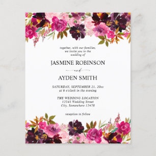 Budget Burgundy Blush Pink & Purple Floral Wedding Flyer