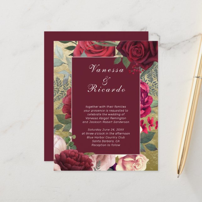 Budget Burgundy Blush Red Roses Wedding Invitation (Front/Back In Situ)