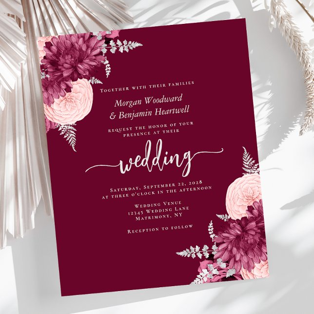 Budget Burgundy Blush Silver Floral Wedding Invite (Creator Uploaded)