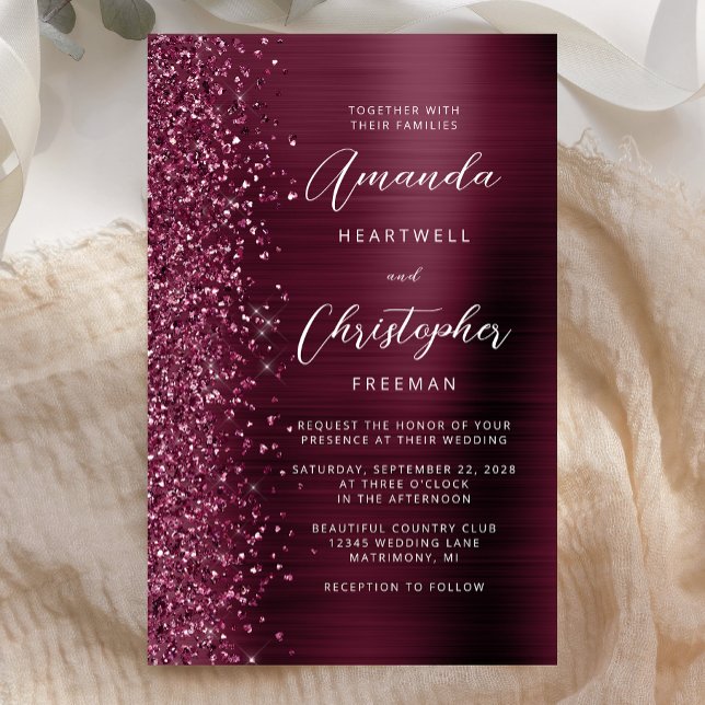Budget Burgundy Brushed Metal Wedding Invite (Creator Uploaded)