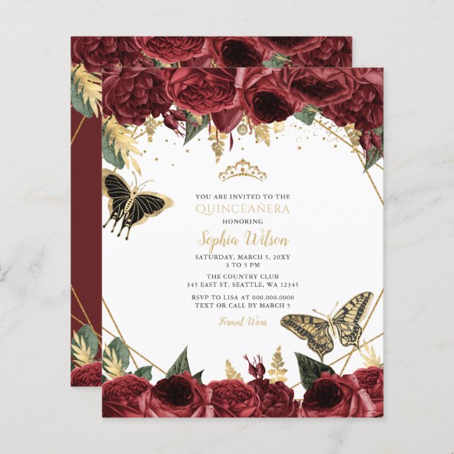 Budget Burgundy Butterfly Quinceañera Invitation (Front/Back)