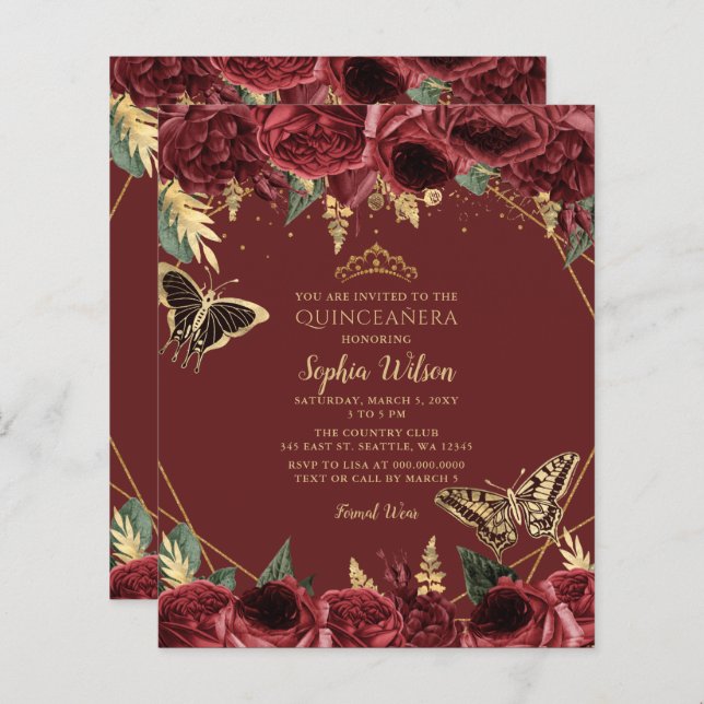 Budget Burgundy Butterfly Quinceañera Invitiation (Front/Back)